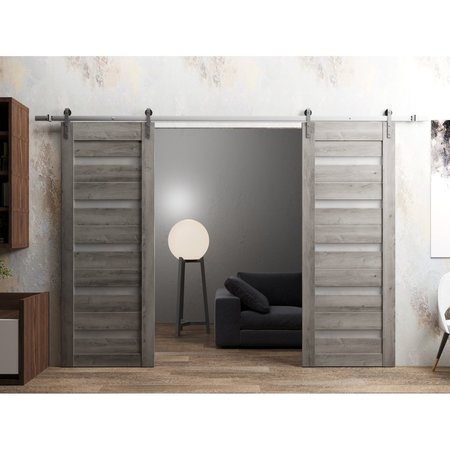 Sartodoors Sturdy Dbl Barn Door 36 x 80in, Nebraska Grey W/ Frosted Glass, SS 13FT Rail Hangers Heavy Set QUADRO4445DB-S-NEB-36